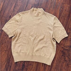 Vintage St. John Gold Knit Short Sleeve Holiday Mock Neck Top Blouse | Small